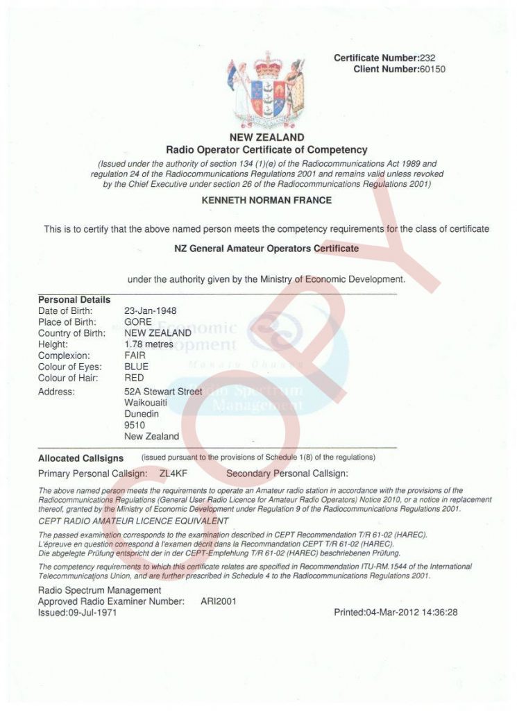 New Zealand Operators Certificate for ZL4KF